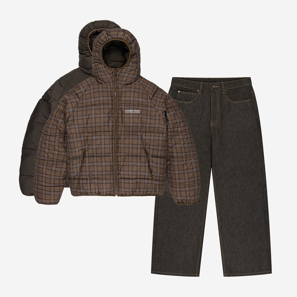 REVERSIBLE PLAID PUFFER BROWN + RAW BASE DENIM BROWN