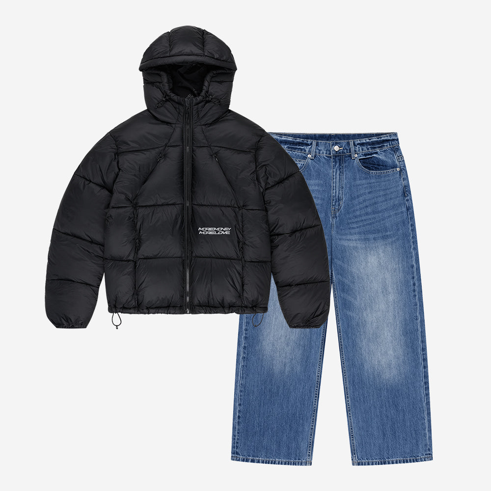 MORE MONEY BIG PUFFER BLACK + BASE DENIM LIGHT BLUE