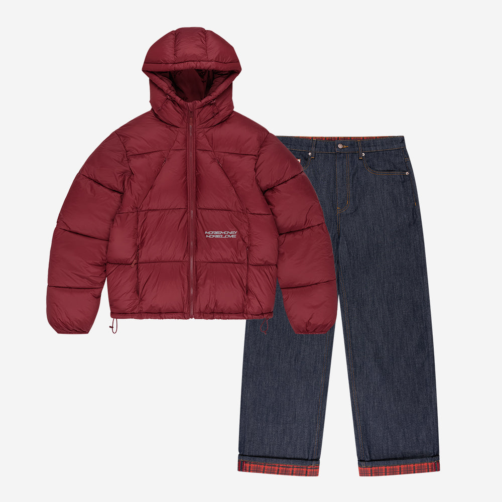 MORE MONEY BIG PUFFER BORDEAUX + PLAID PATCHWORK RAW DENIM