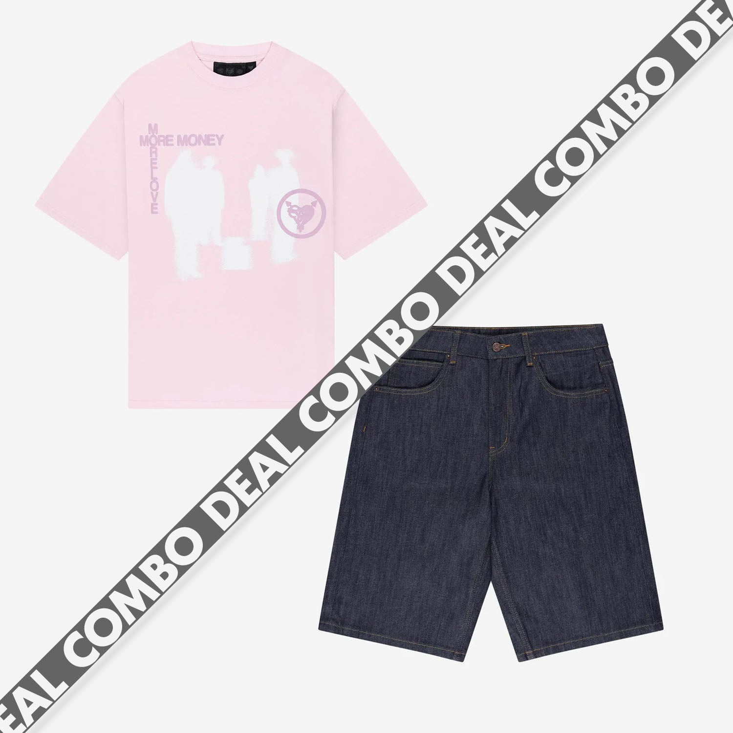 LOST BOND TEE LIGHT PINK + BASE JORTS RAW BLUE