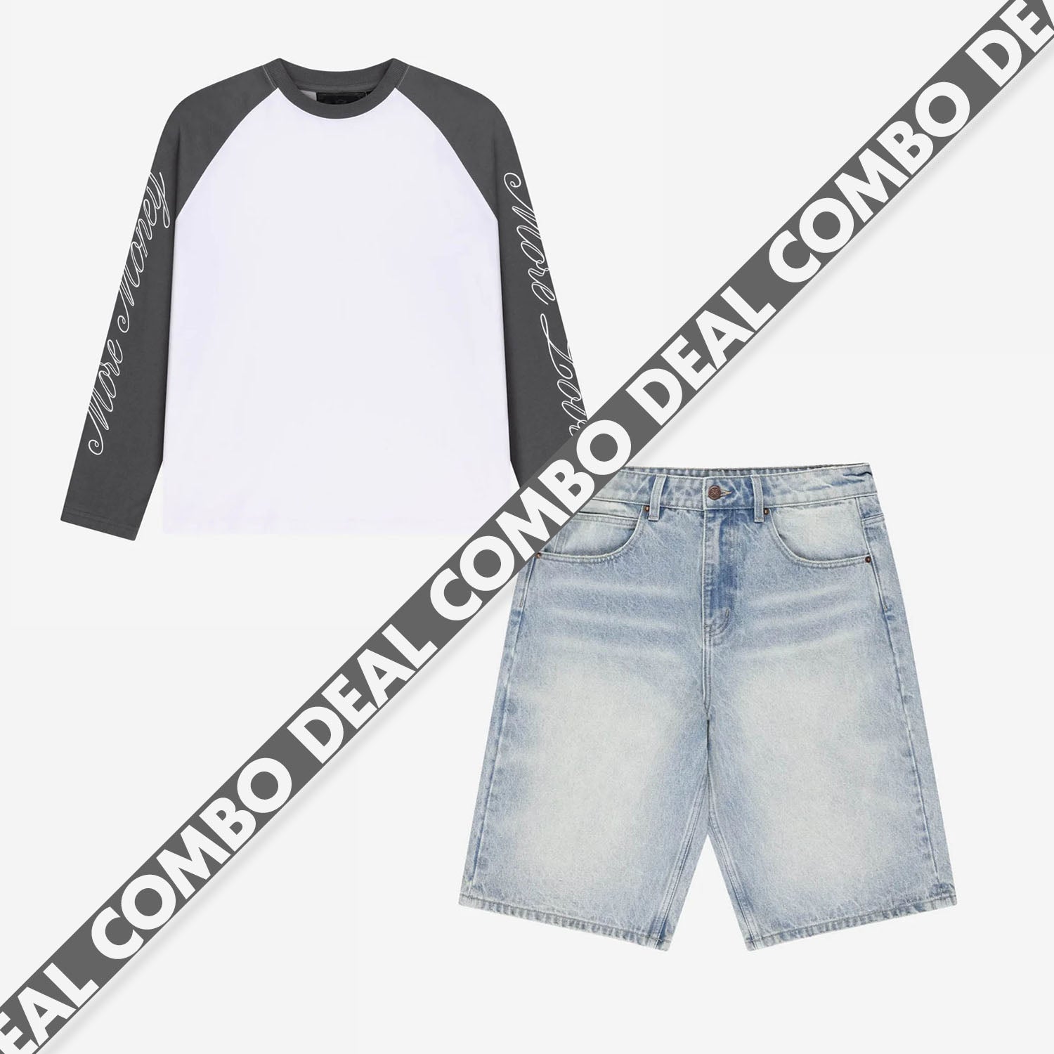 SCRIPT RAGLAN LONGSLEEVE DARK GREY + BASE JORTS VINTAGE BLUE