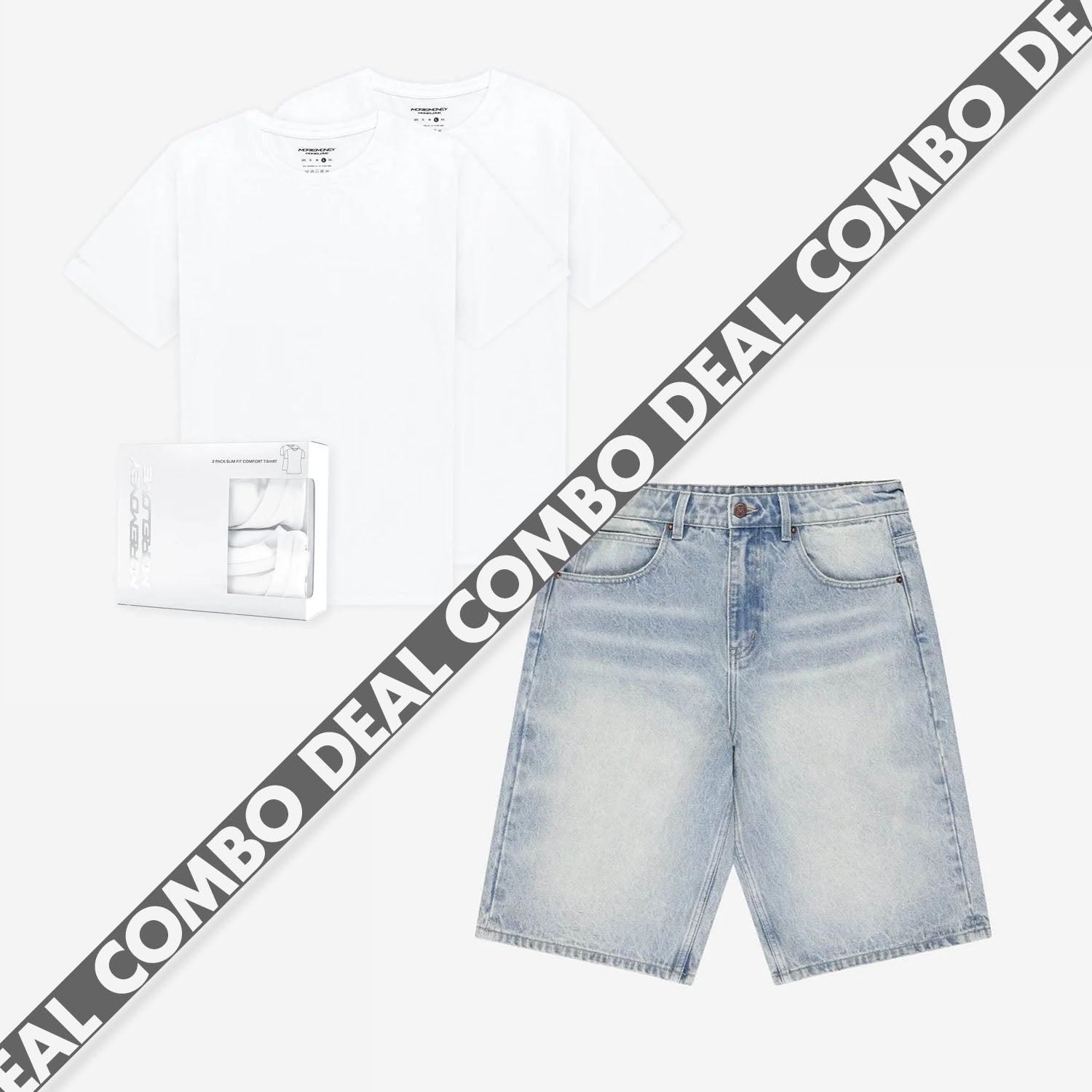 SLIM FIT TEE WHITE (2-PACK) + BASE JORTS VINTAGE BLUE