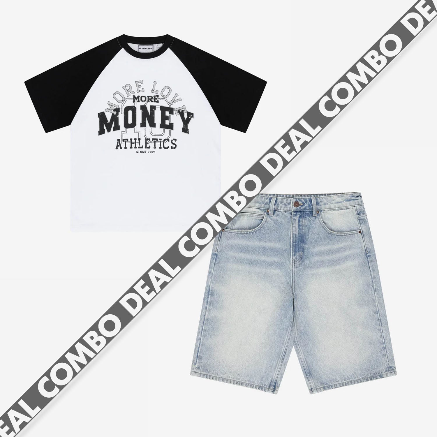 VINTAGE ATHL. RAGLAN TEE WHITE/BLACK + BASE JORTS VINTAGE BLUE
