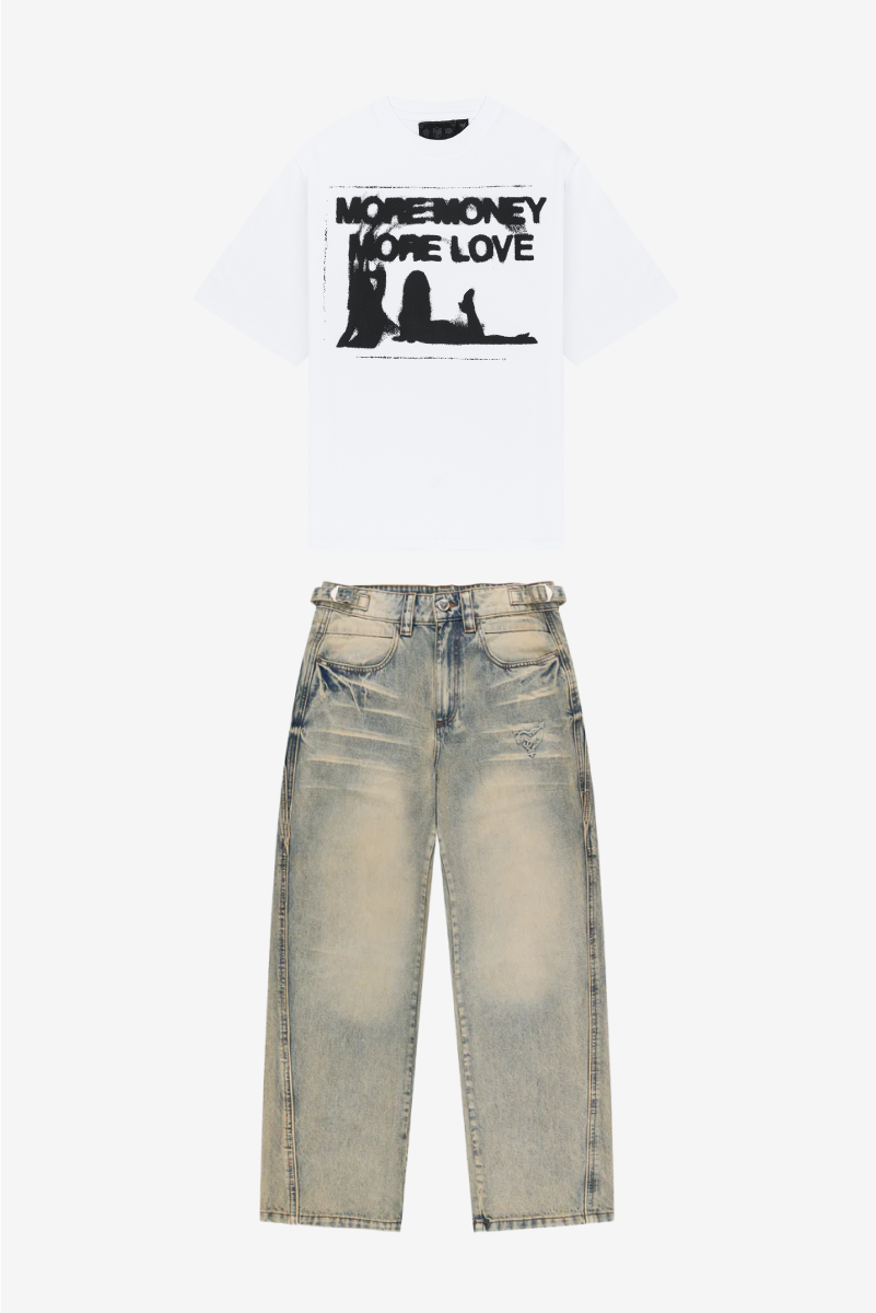 WET DREAM TEE WHITE + DISTINCTIVE DENIM WASHED MUD