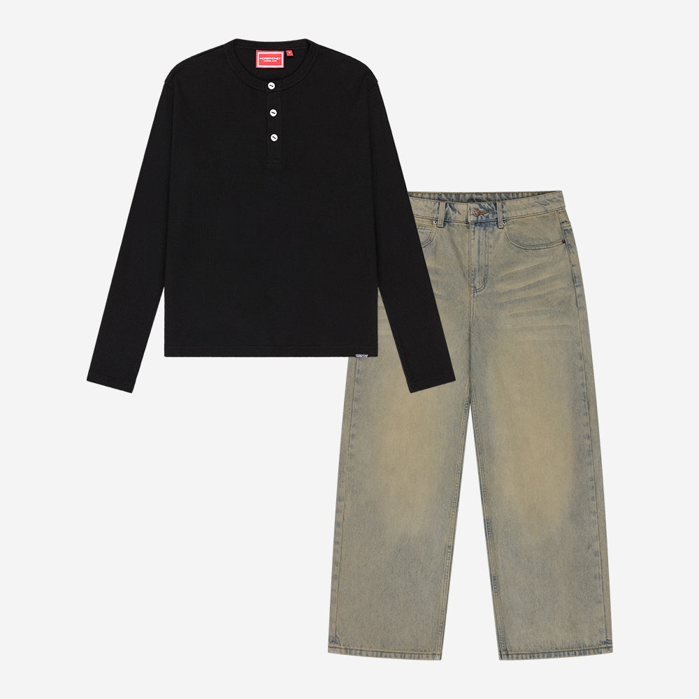 HENLEY WAFFLE LONGSLEEVE BLACK + BASE DENIM DUNE