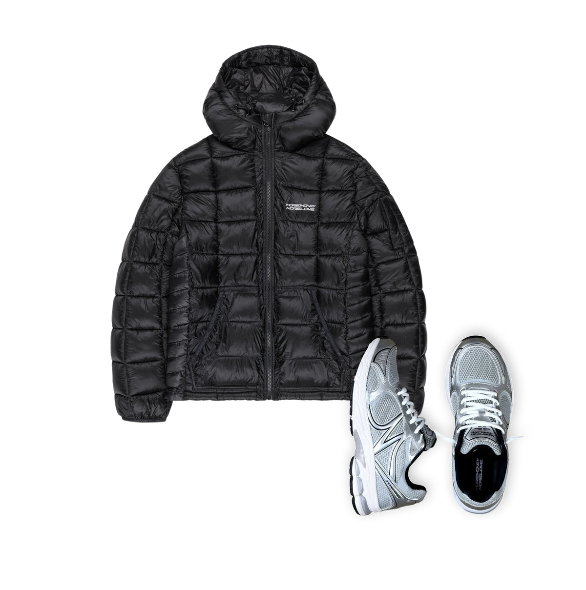 MORE MONEY SLIM PUFFER BLACK + MOTION RUNNER CLOUD GREY