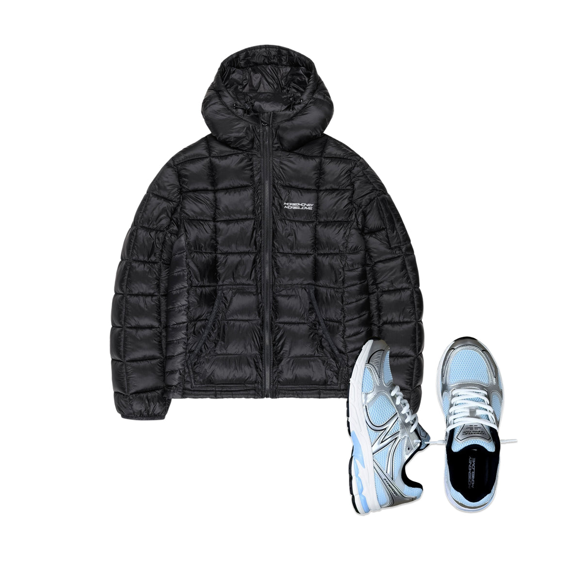 MORE MONEY SLIM PUFFER BLACK + MOTION RUNNER SKY TINT