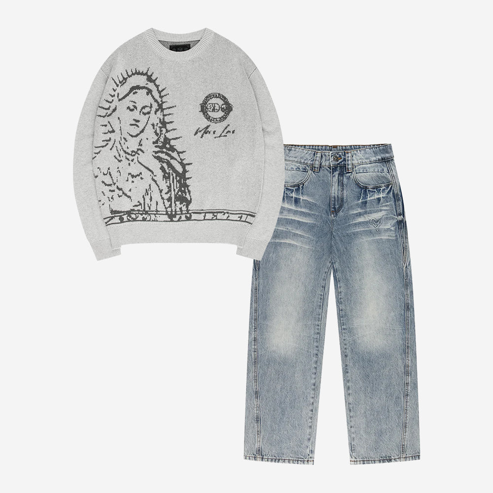 MORE BLESSINGS KNIT GREY + DISTINCTIVE DENIM WASHED BLUE