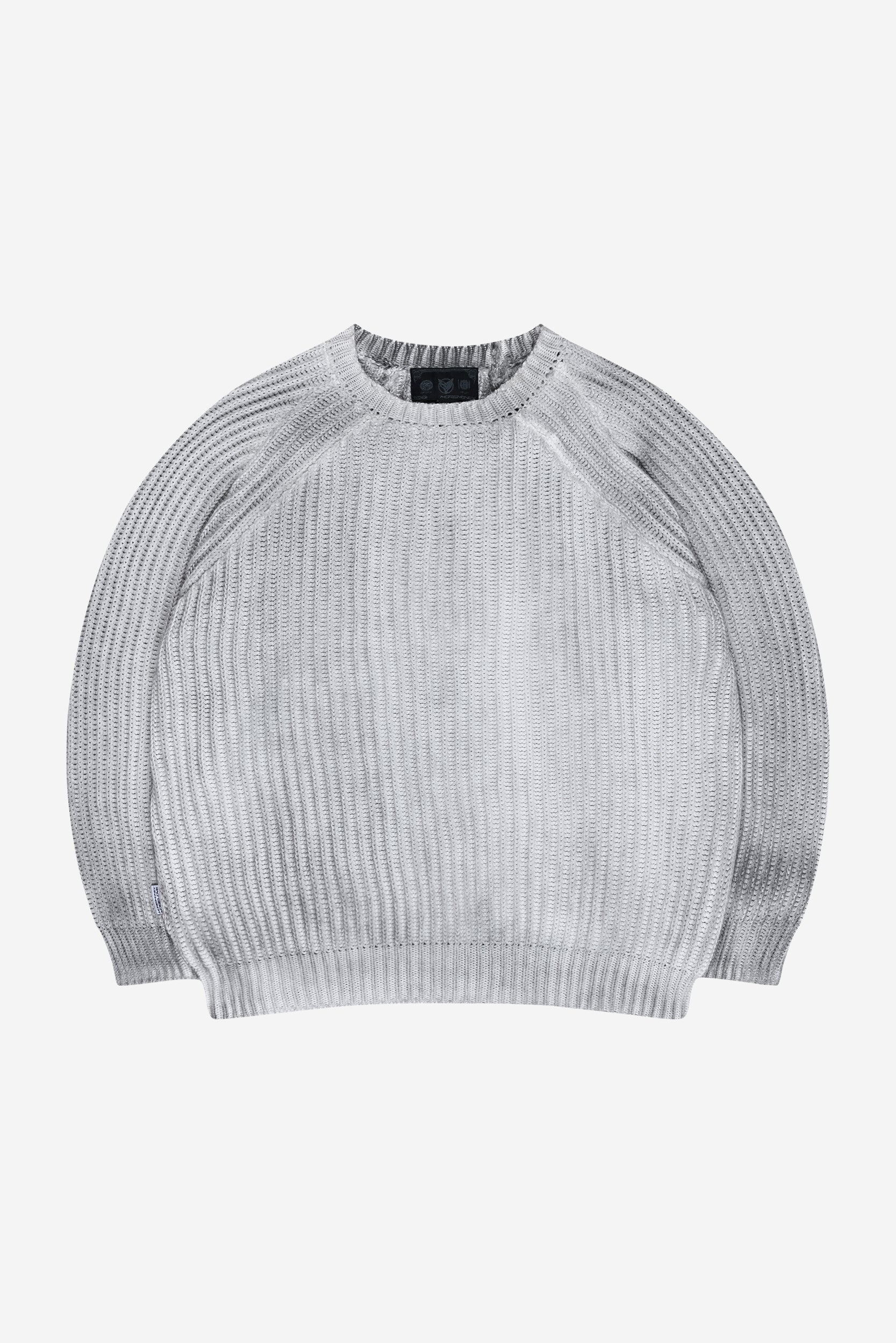WASHED KNIT SWEATER LIGHT GREY + RHINESTONE CARPENTER DENIM BLUE