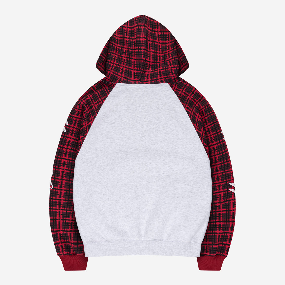 PLAID SCRIPT RAGLAN HOODIE BORDEAUX + PLAID PATCHWORK RAW DENIM