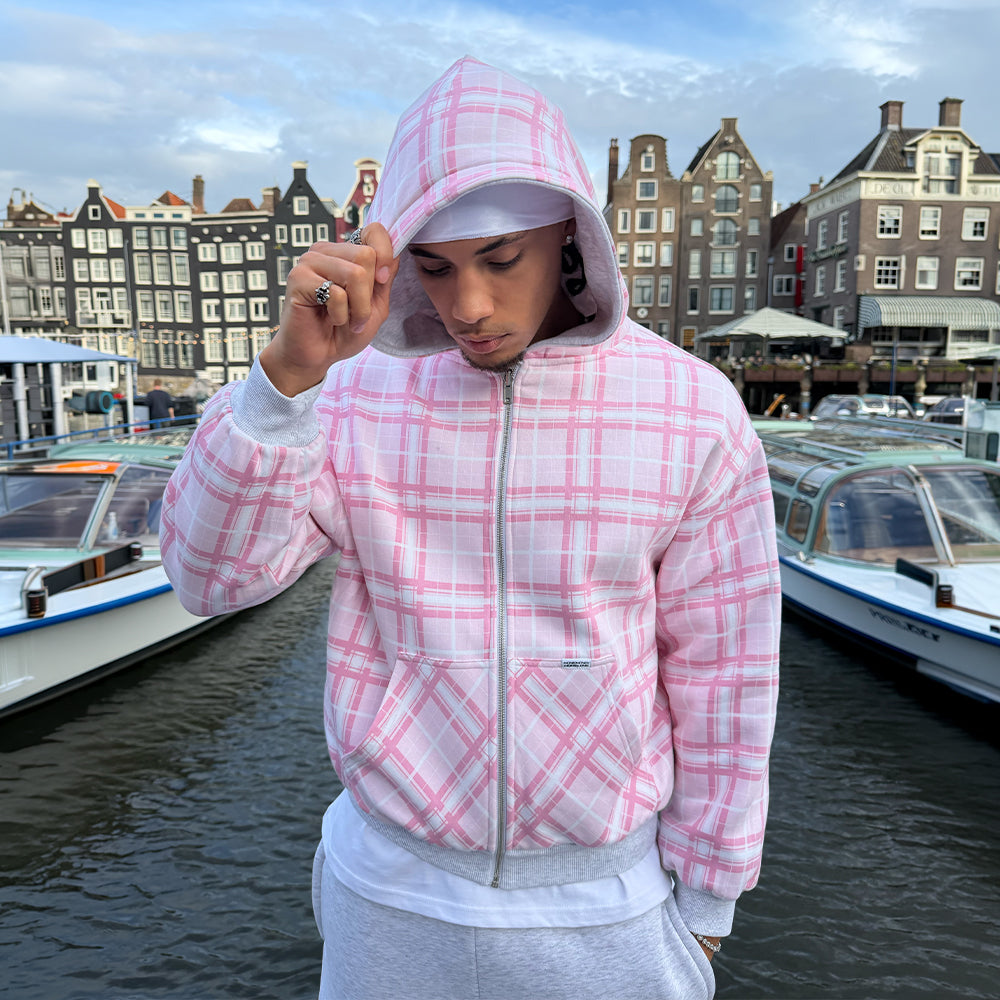 REVERSIBLE PLAID ZIP HOODIE PINK
