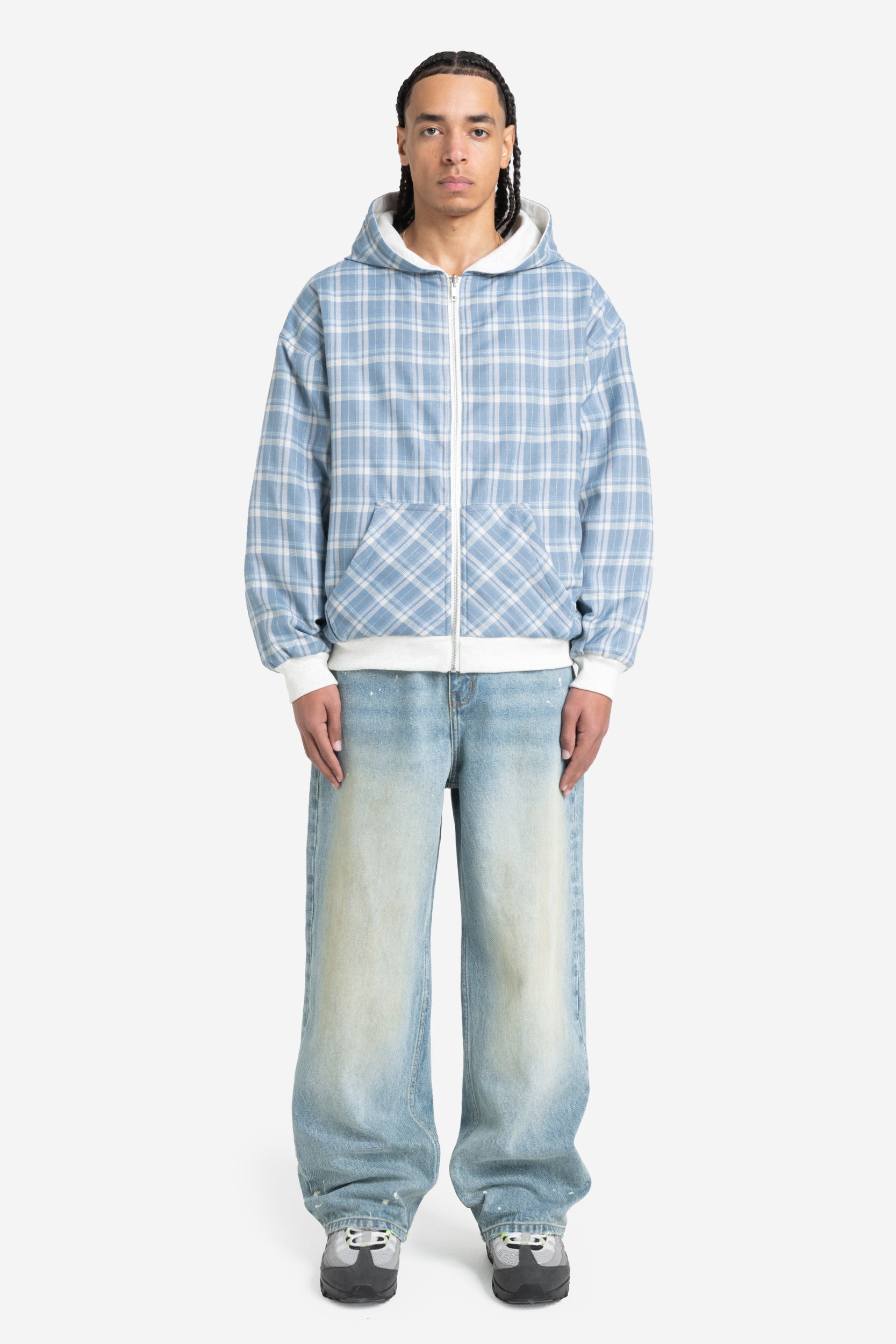 REVERSIBLE PLAID ZIP HOODIE GREY MELANGE