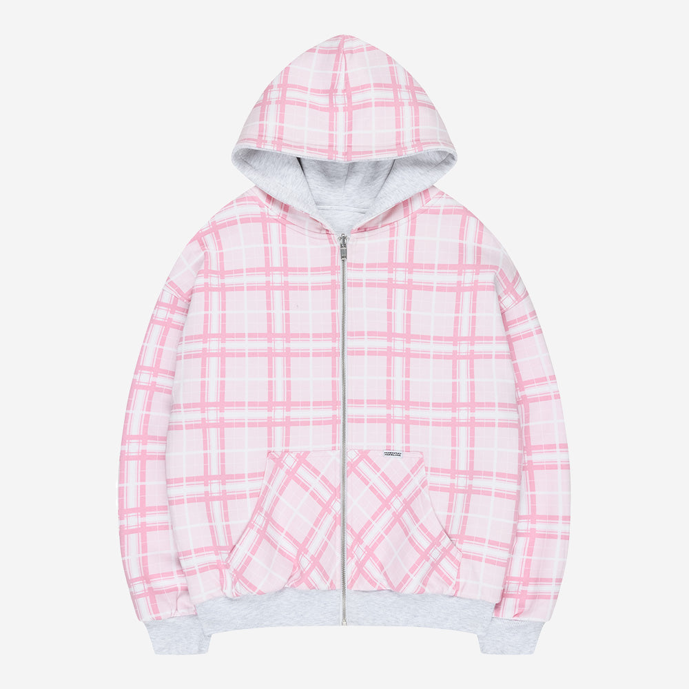 REVERSIBLE PLAID ZIP HOODIE PINK