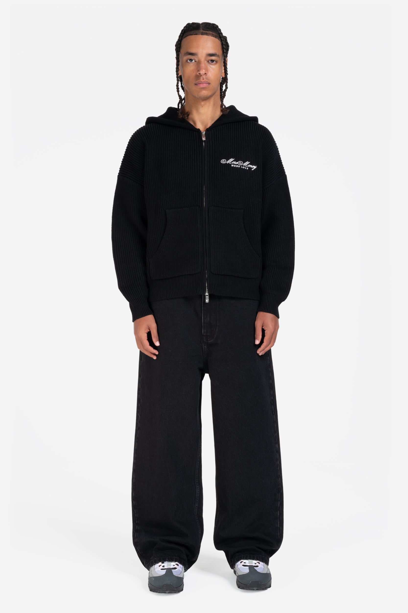 LOGO KNIT ZIP HOODIE BLACK