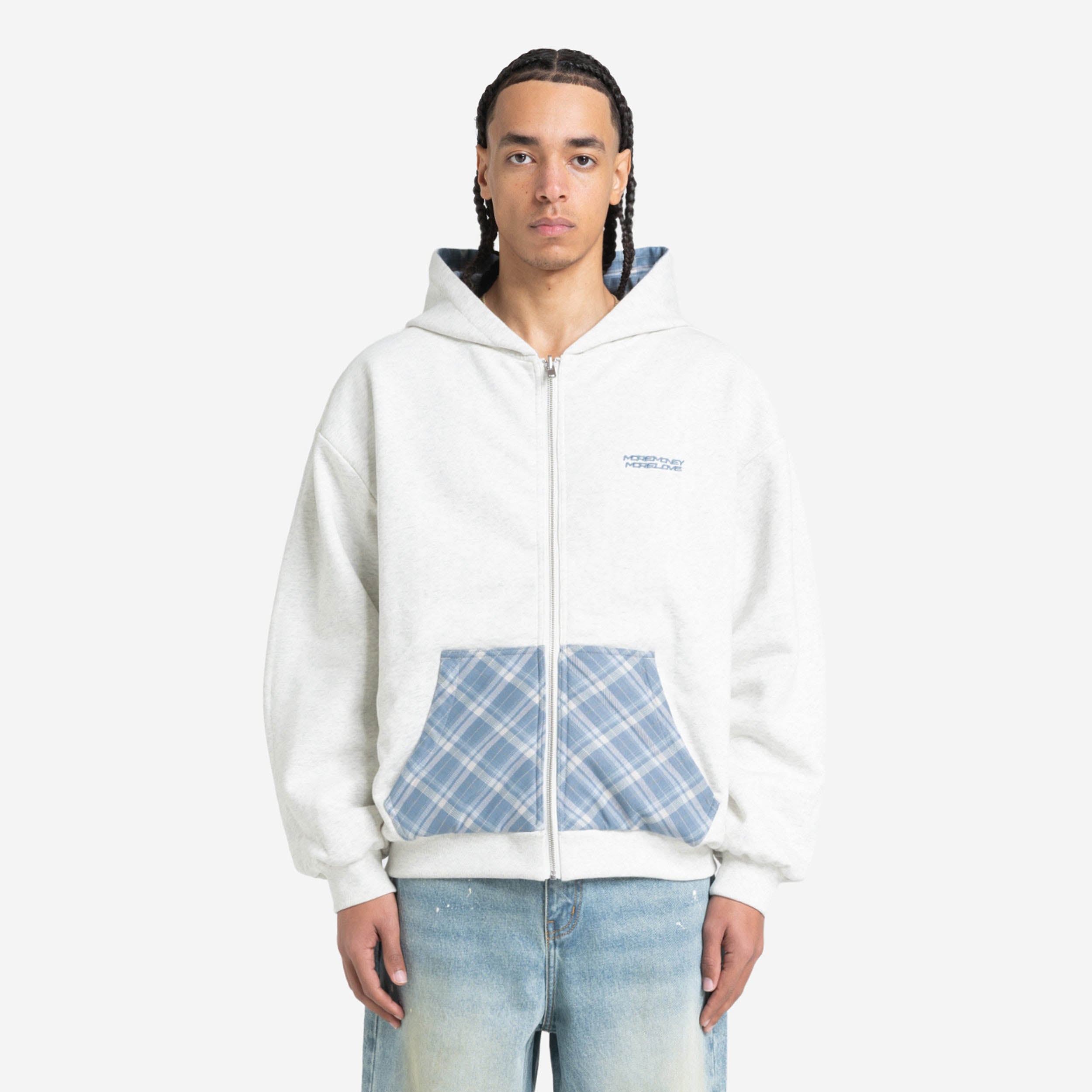 REVERSIBLE PLAID ZIP HOODIE GREY MELANGE