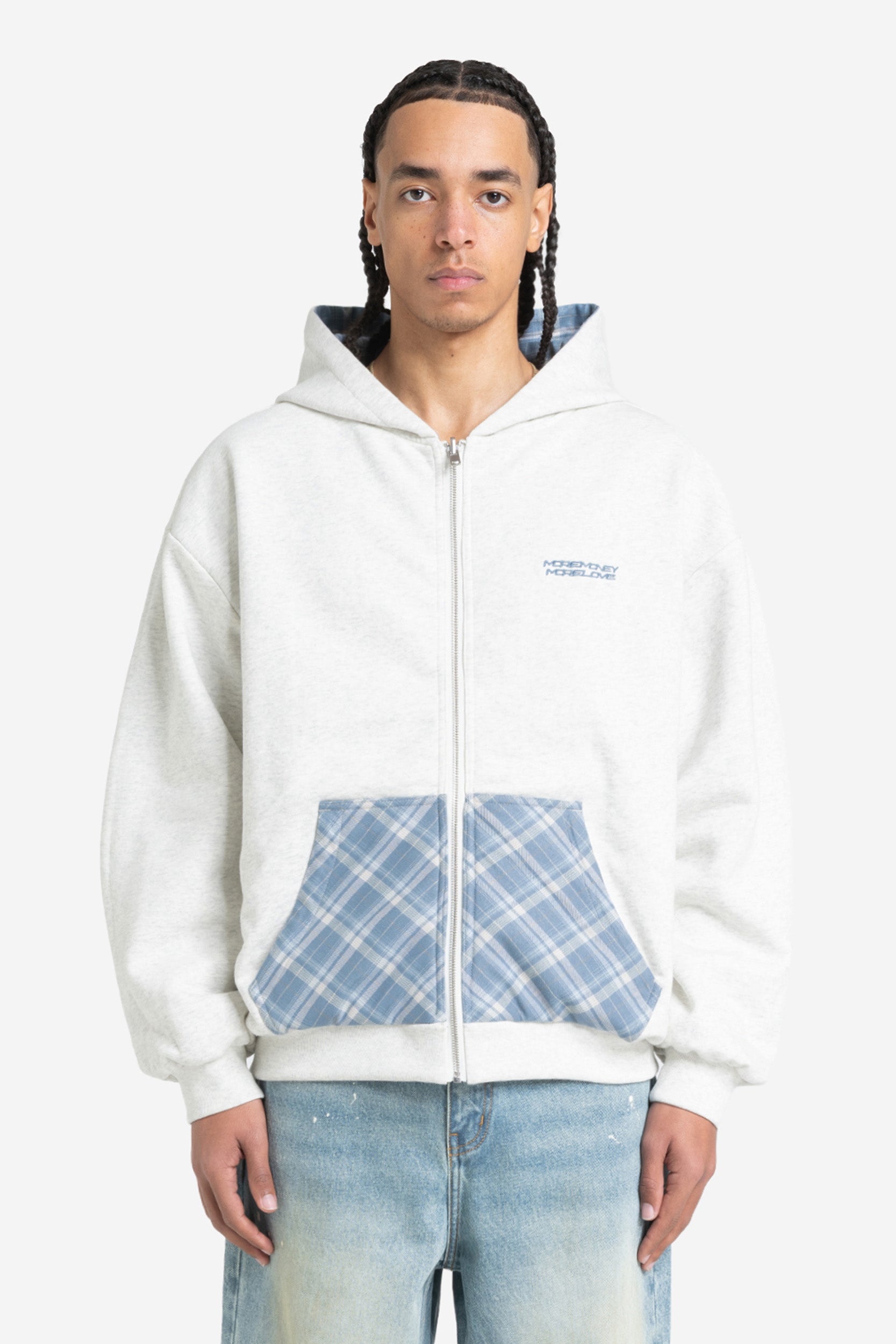 REVERSIBLE PLAID ZIP HOODIE GREY MELANGE