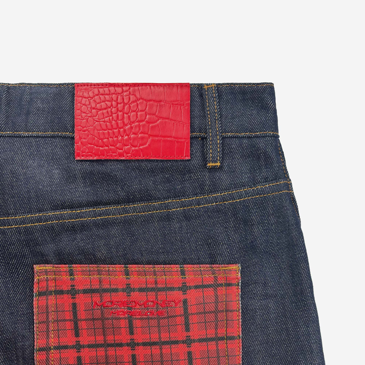 PLAID PATCHWORK RAW DENIM