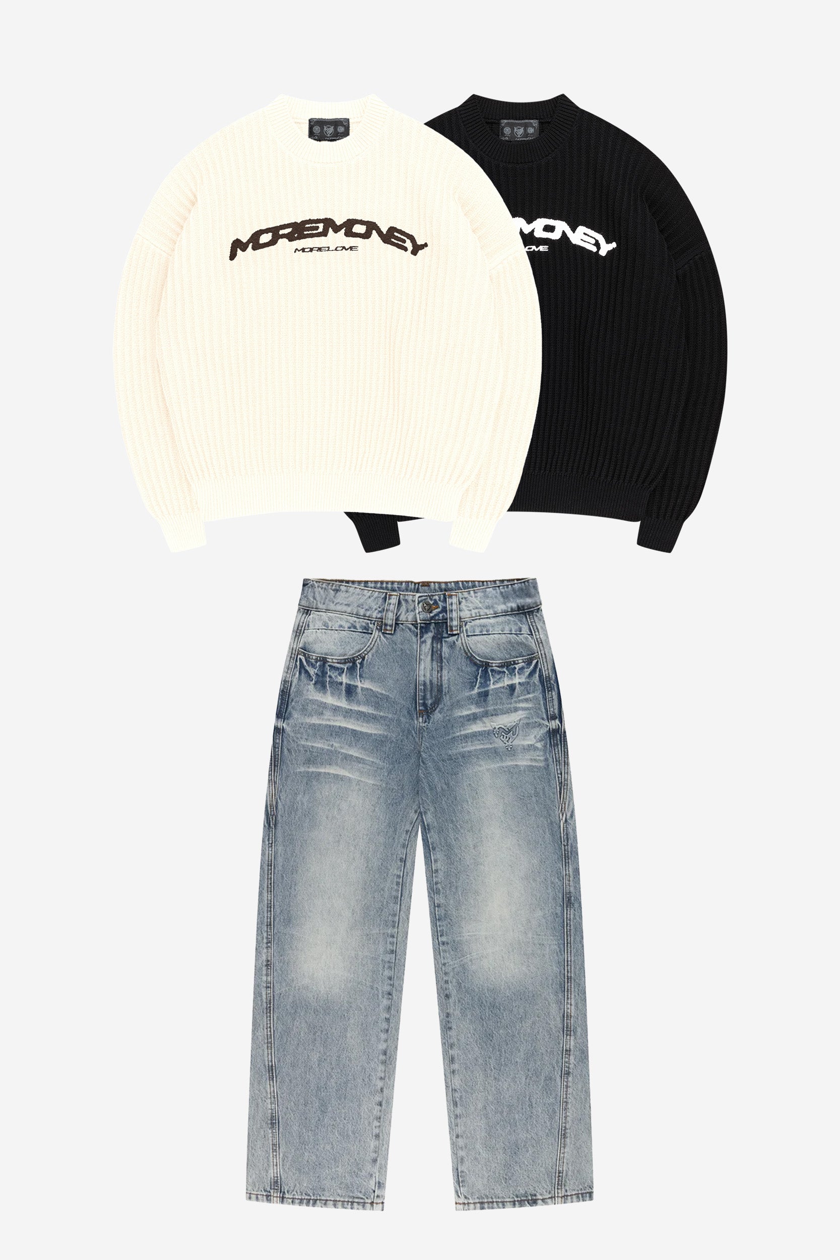 ELITE KNIT SWEATER + DISTINCTIVE DENIM WASHED BLUE