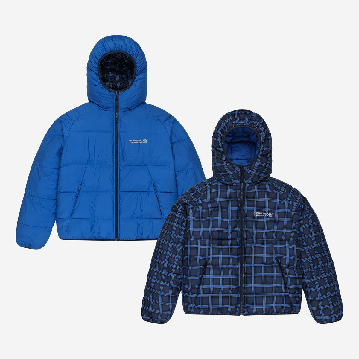 REVERSIBLE PLAID PUFFER BLUE