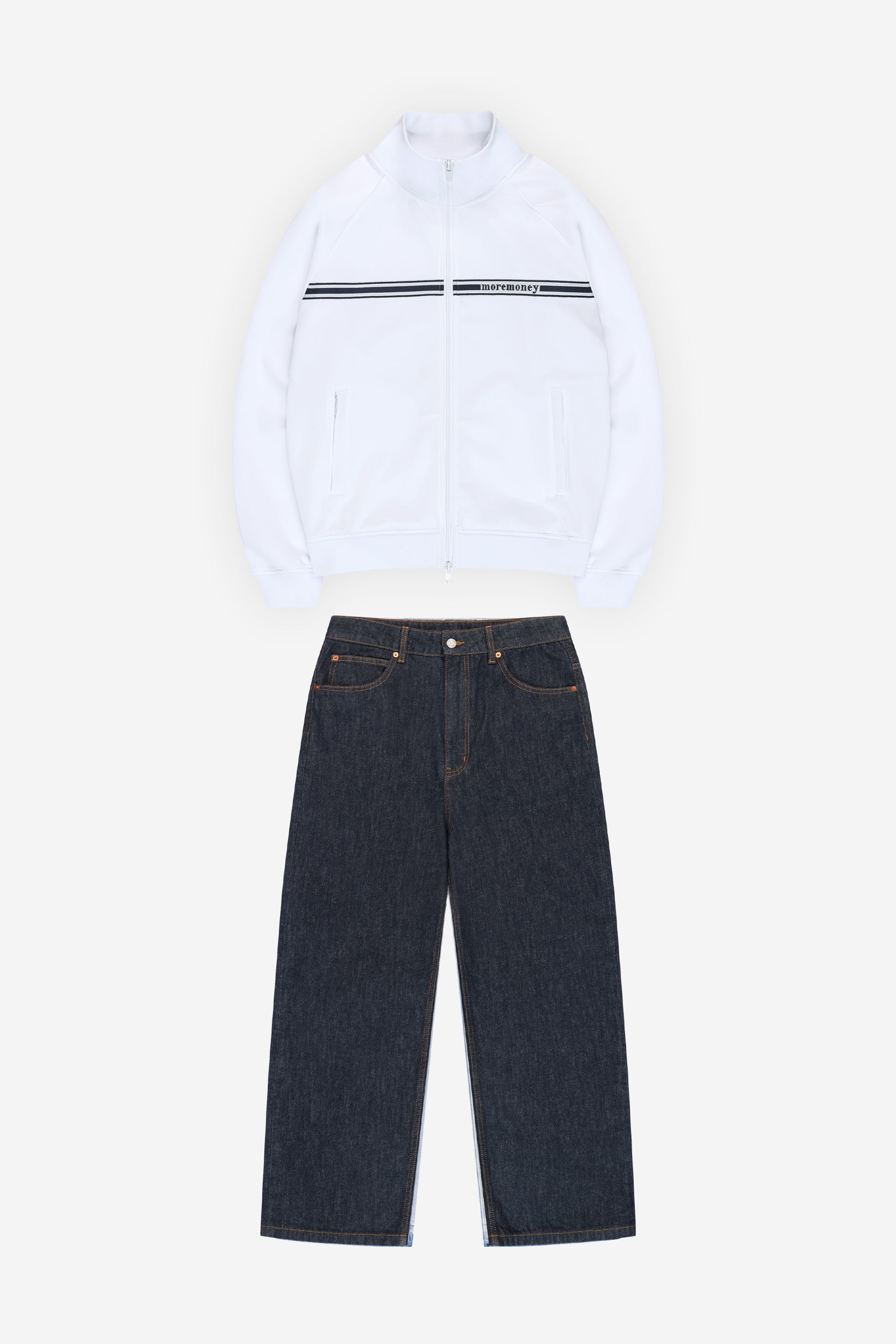 STRIPED TRACK JACKET WHITE + DA BAGGY DENIM RAW