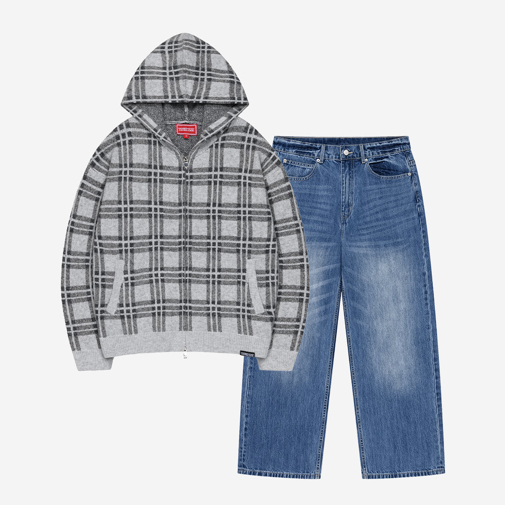 PLAID FUZZY KNIT ZIP LIGHT GREY + BASE DENIM LIGHT BLUE