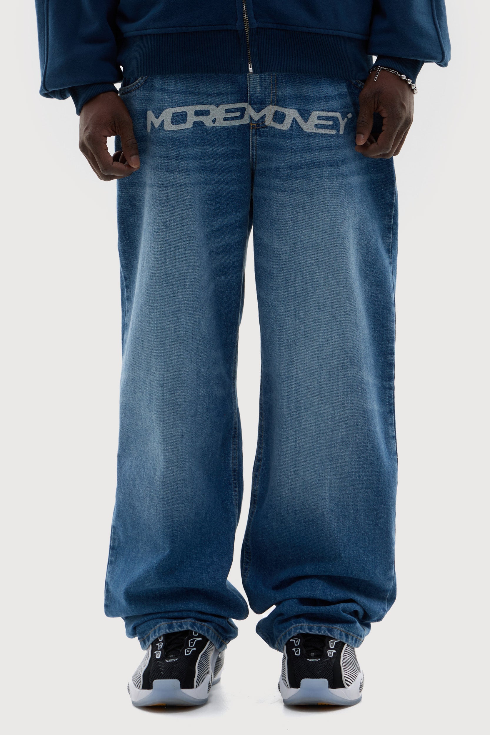 MORE MONEY LOGO BAGGY DENIM BLUE 