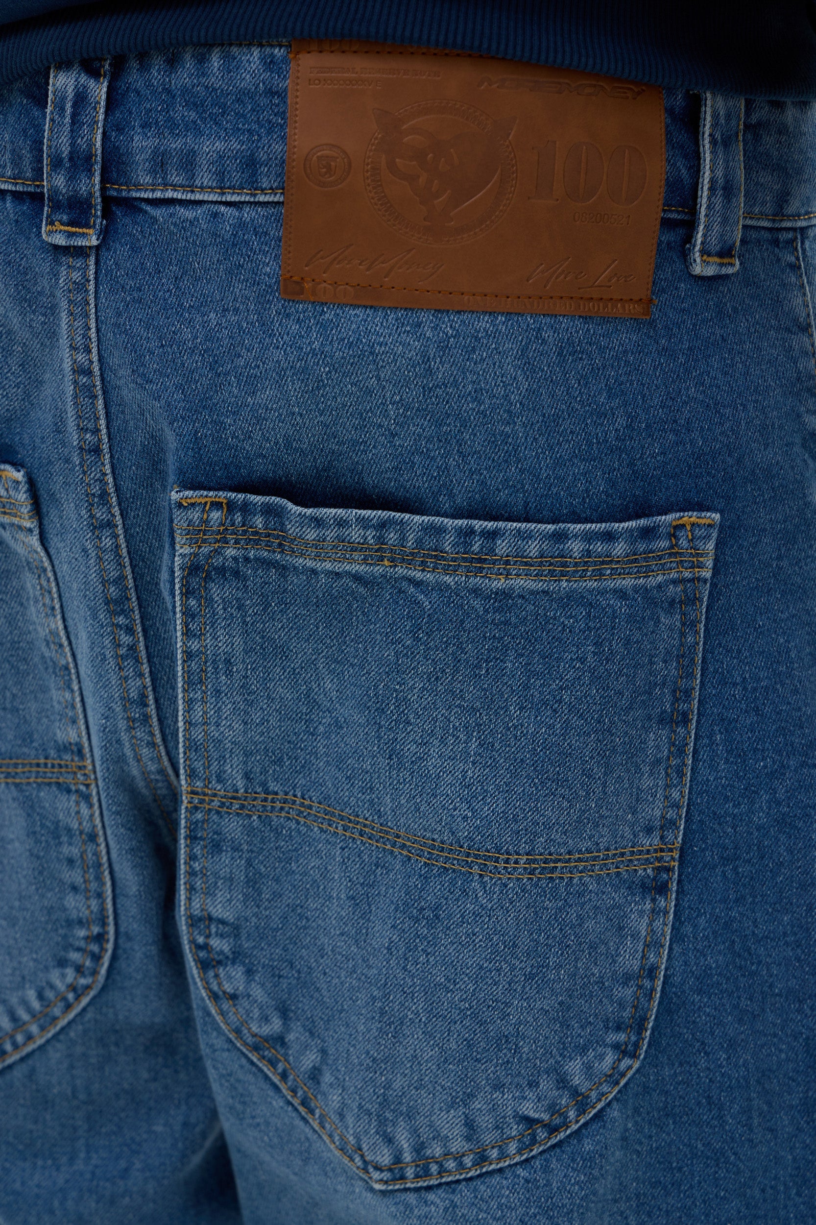 MORE MONEY LOGO BAGGY DENIM BLUE 