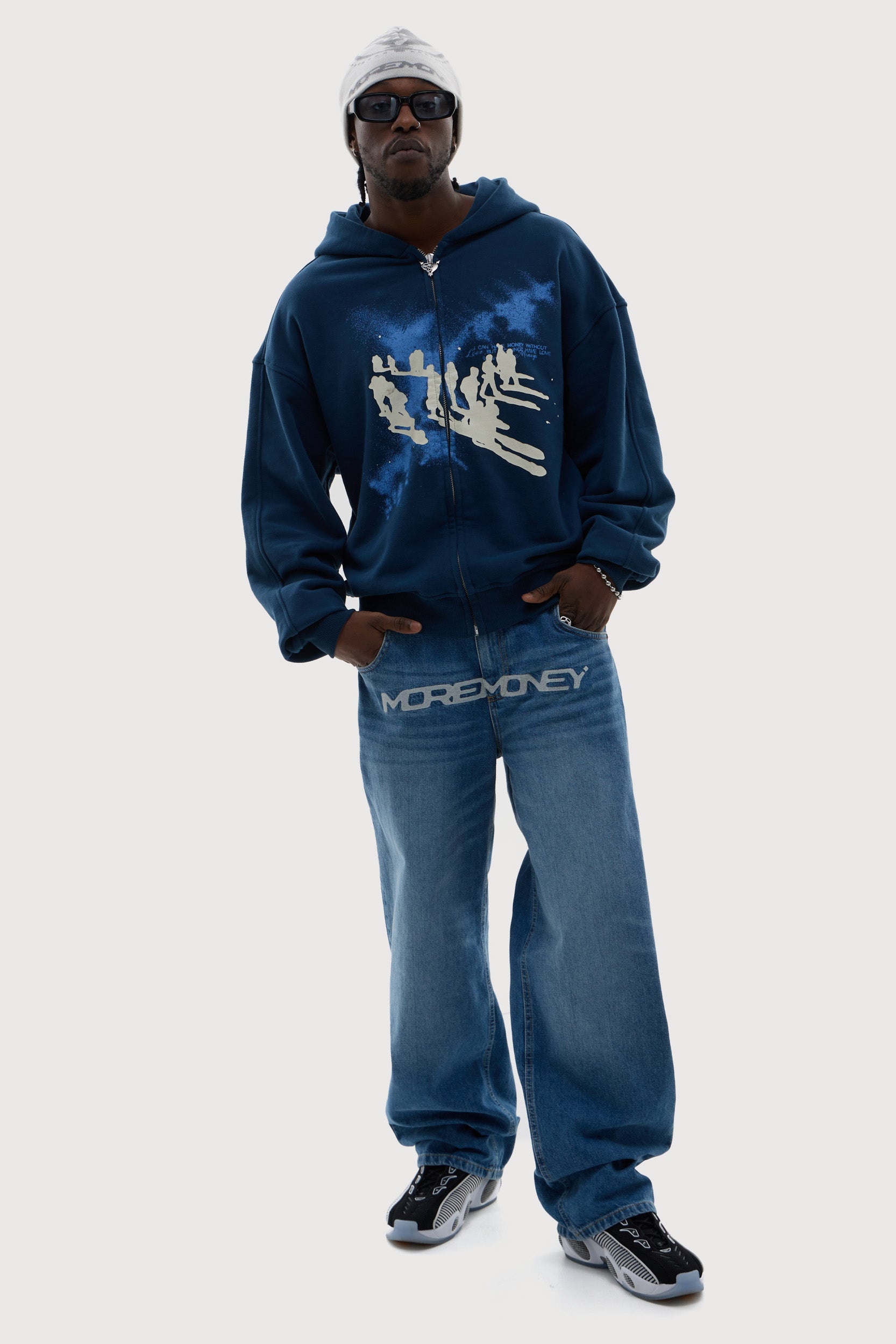 MORE MONEY LOGO BAGGY DENIM BLUE 