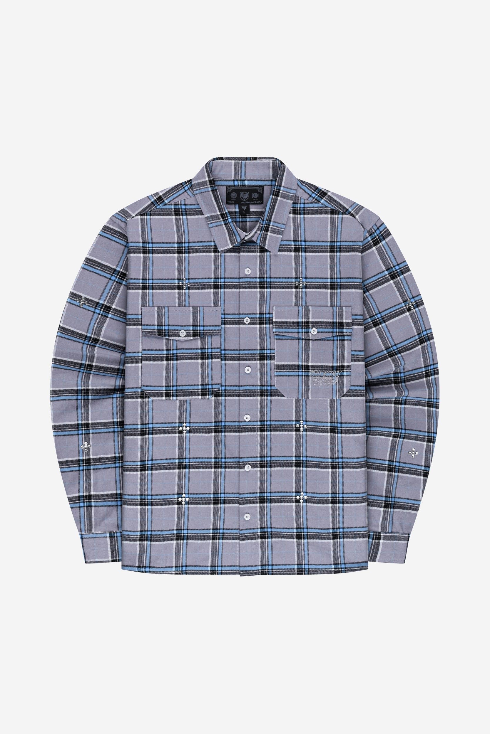 PLUS RHINESTONE FLANNEL BLUE + DISTINCTIVE BAGGY DENIM GREY