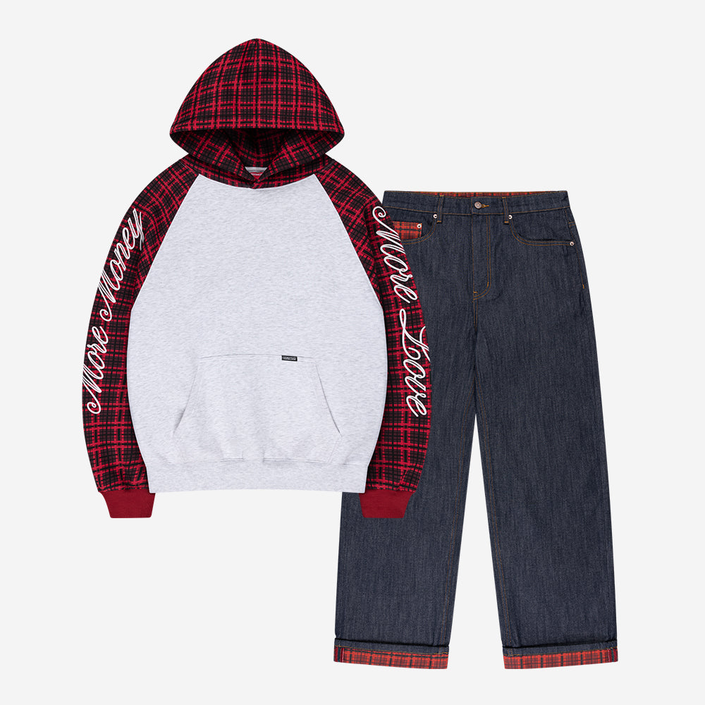 PLAID SCRIPT RAGLAN HOODIE BORDEAUX + PLAID PATCHWORK RAW DENIM