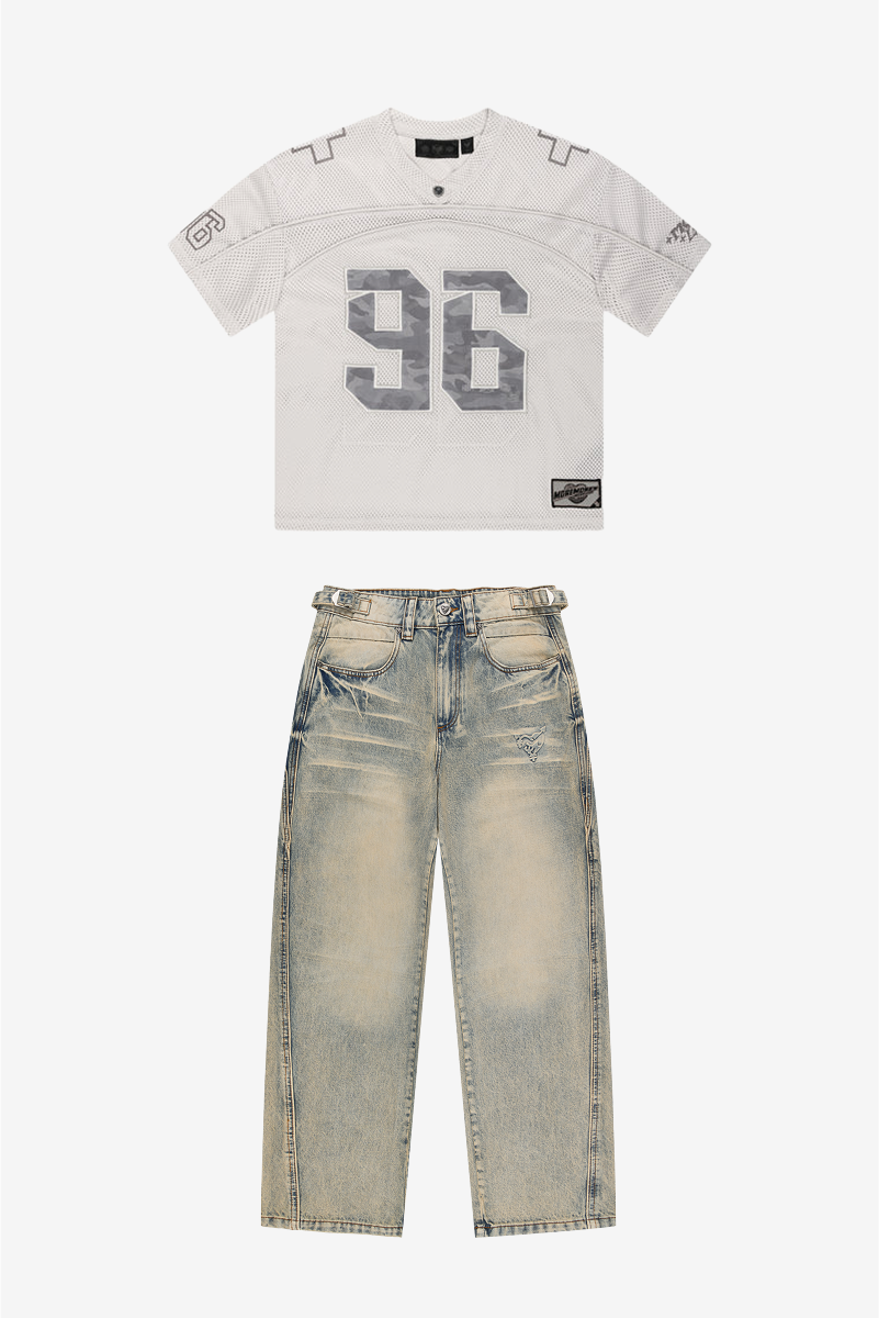DISTINCTIVE DENIM WASHED MUD + PLUS MESH JERSEY GREY