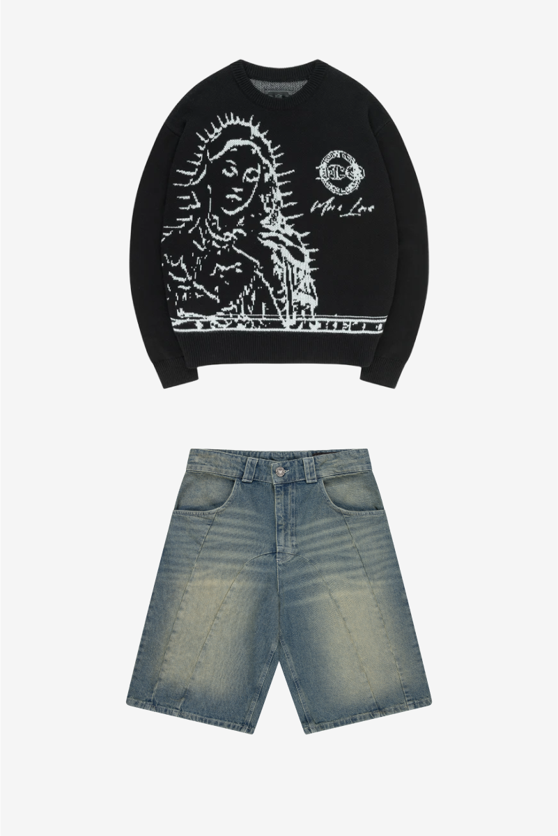MORE BLESSINGS KNIT + DOUBLE STITCH JORTS BLUE WASHED