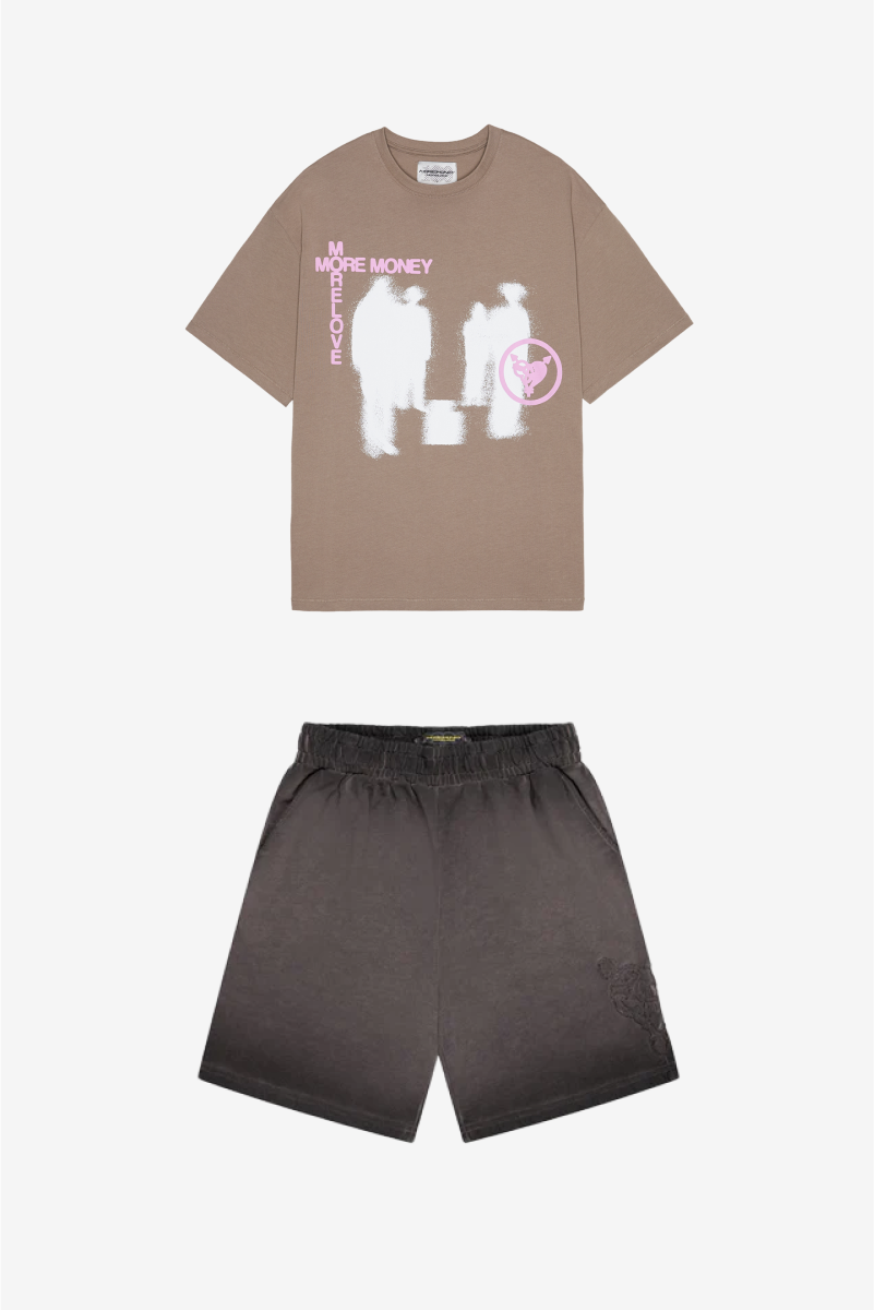 LOST BOND TEE TOFFEE + HEART PATCHED SHORTS BROWN