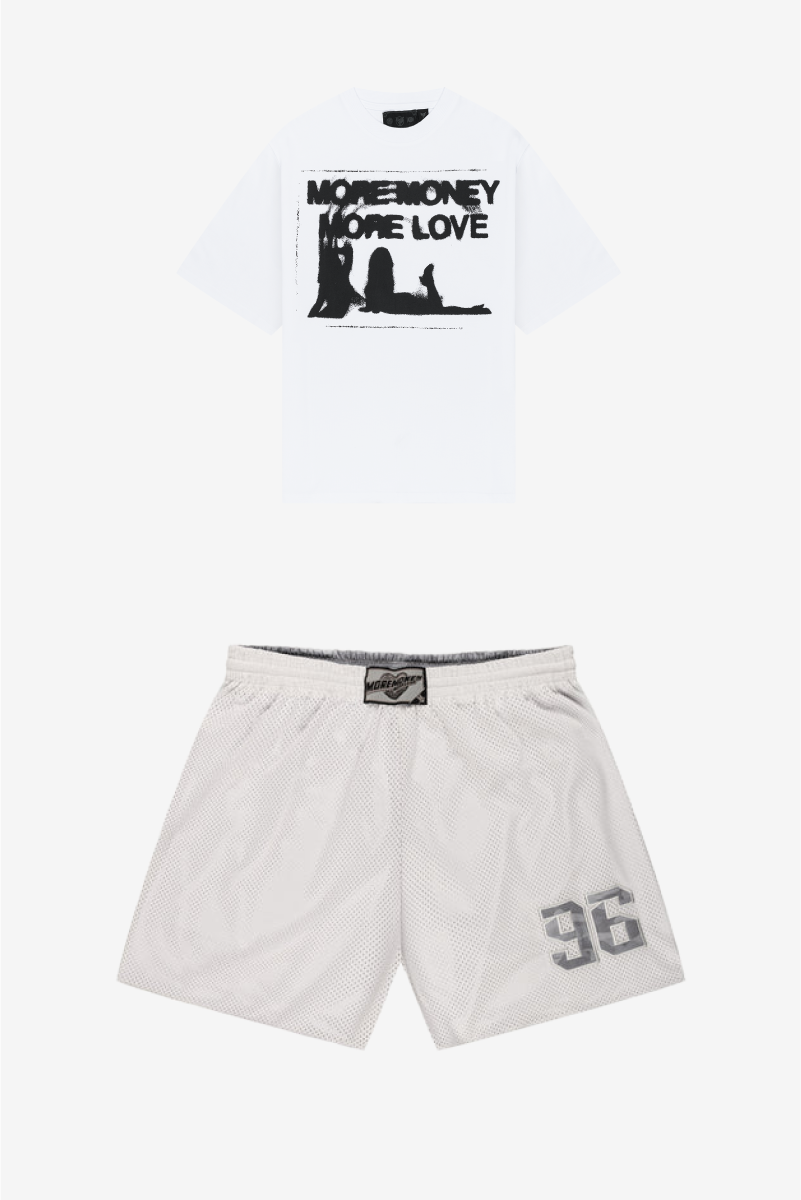WET DREAM TEE WHITE + REVERSIBLE MESH SHORTS GREY