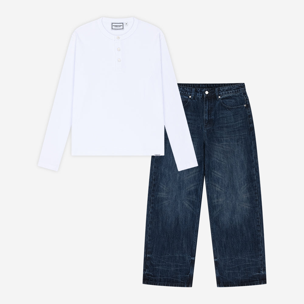 HENLEY WAFFLE LONGSLEEVE WHITE + BASE DENIM MIDNIGHT BLUE