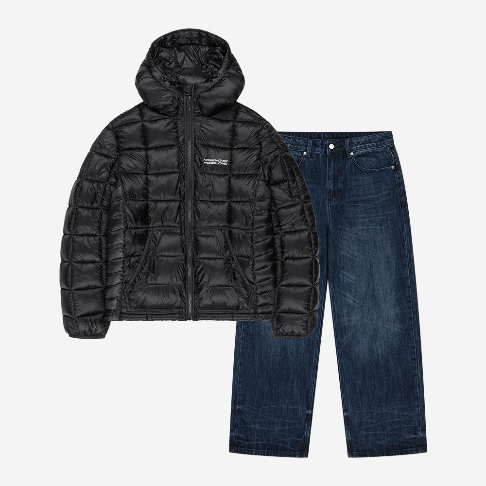 MORE MONEY SLIM PUFFER BLACK + BASE DENIM MIDNIGHT BLUE