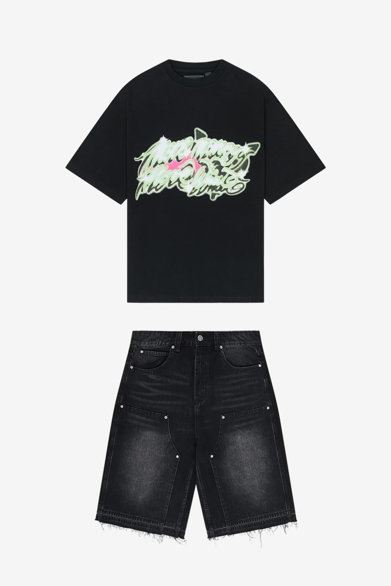 MORE WHAT TEE BLACK + RHINESTONE CARPENTER JORTS BLACK