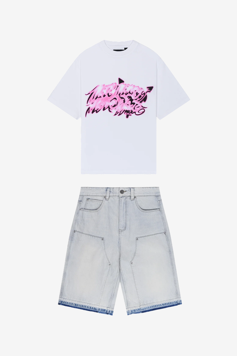 RHINESTONE CARPENTER JORTS BLUE + MORE WHAT TEE WHITE
