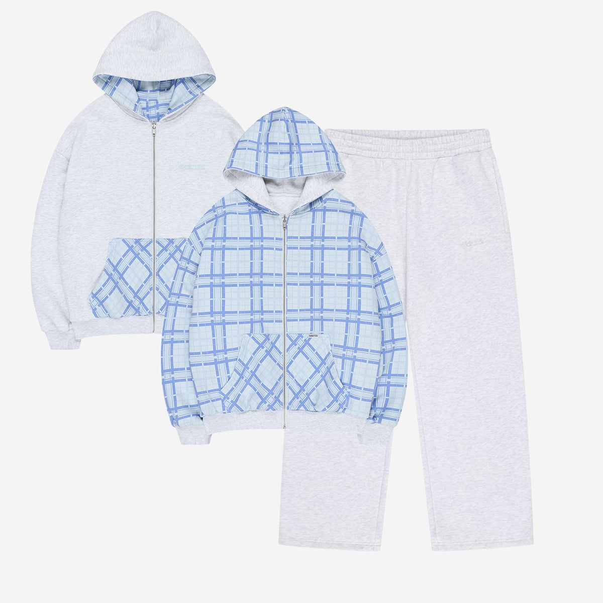 REVERSIBLE PLAID ZIP HOODIE AIR BLUE + CLOUDS JOGGER HEATHER GREY