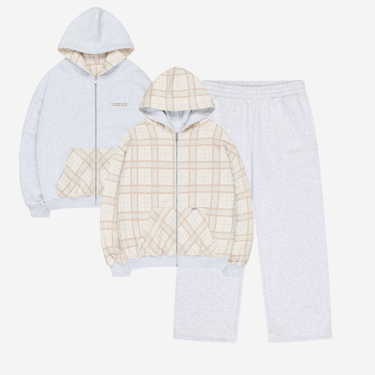 REVERSIBLE PLAID ZIP HOODIE CREAM + CLOUDS JOGGER HEATHER GREY