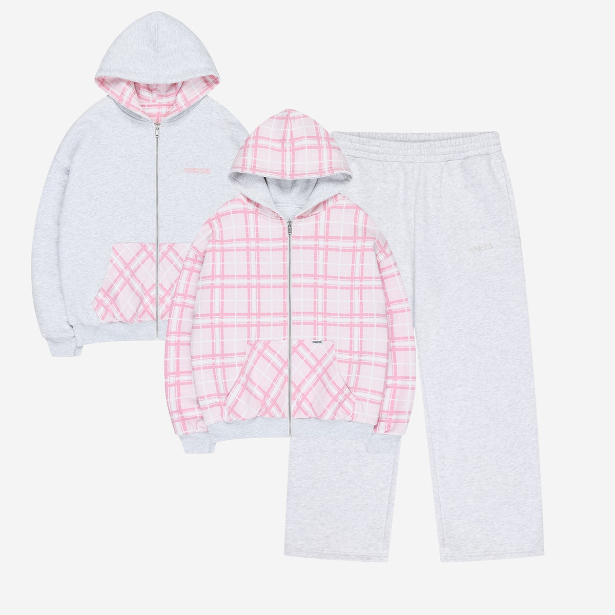 REVERSIBLE PLAID ZIP HOODIE PINK + CLOUDS JOGGER HEATHER GREY