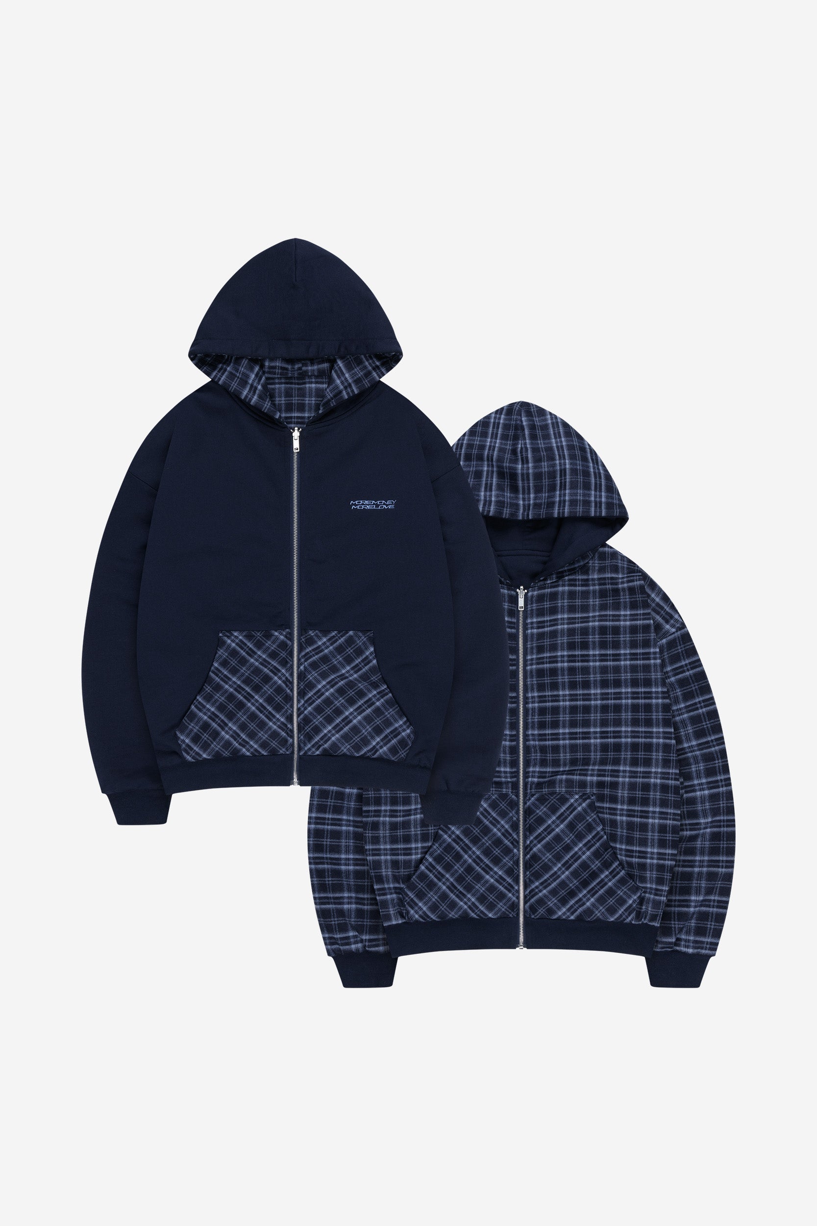 REVERSIBLE PLAID ZIP HOODIE NAVY
