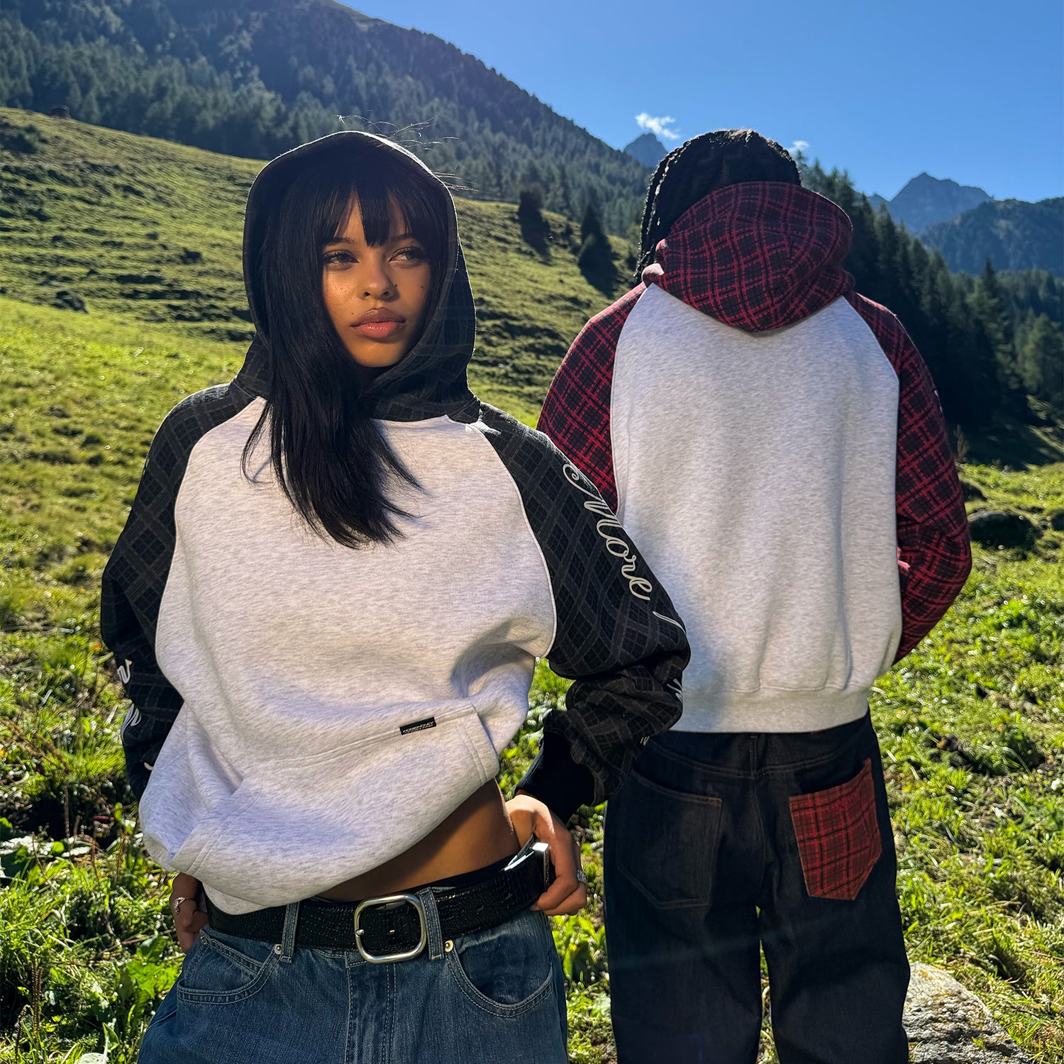 PLAID SCRIPT RAGLAN HOODIE BLACK + BASE DENIM LIGHT BLUE
