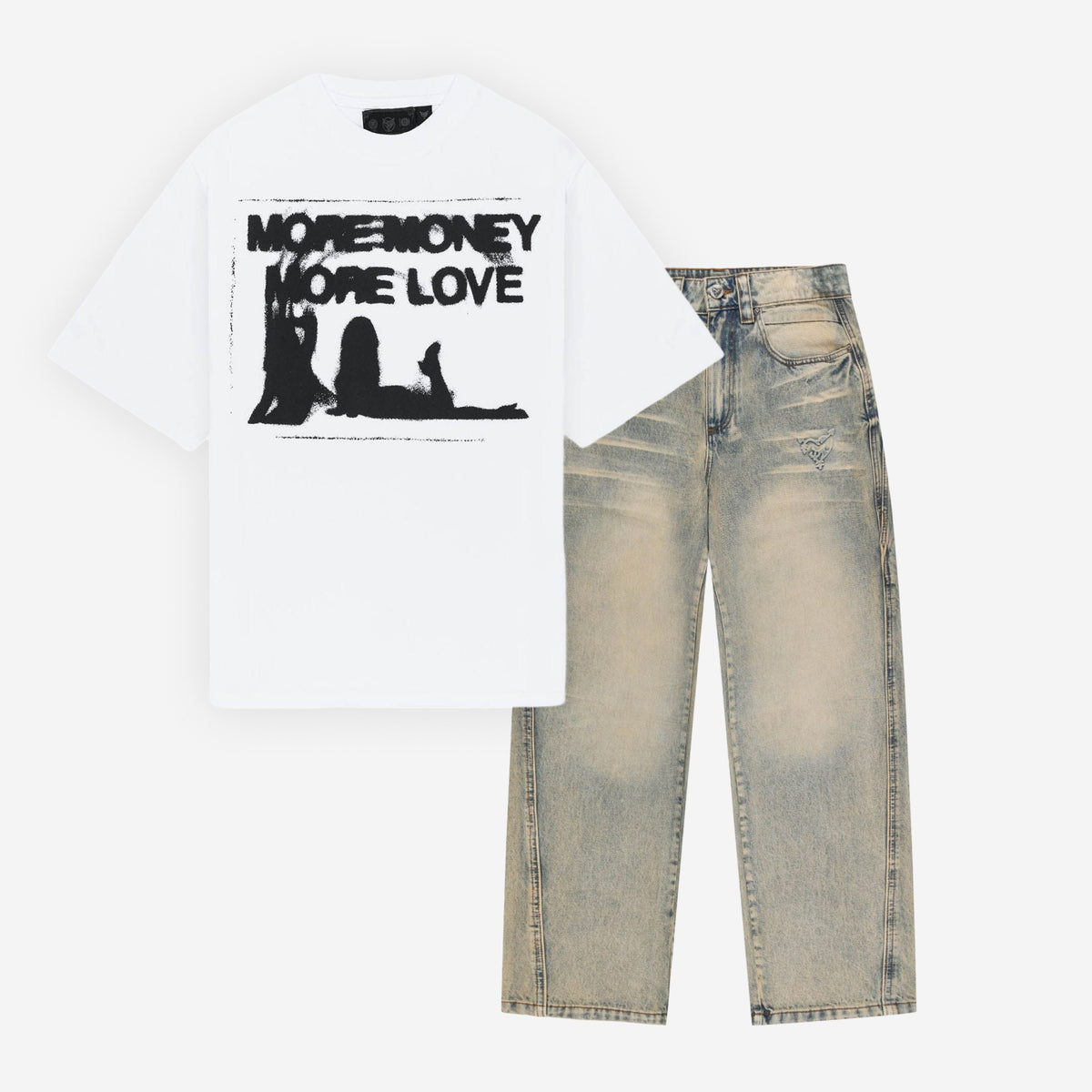 WET DREAM TEE WHITE + DISTINCTIVE DENIM WASHED MUD