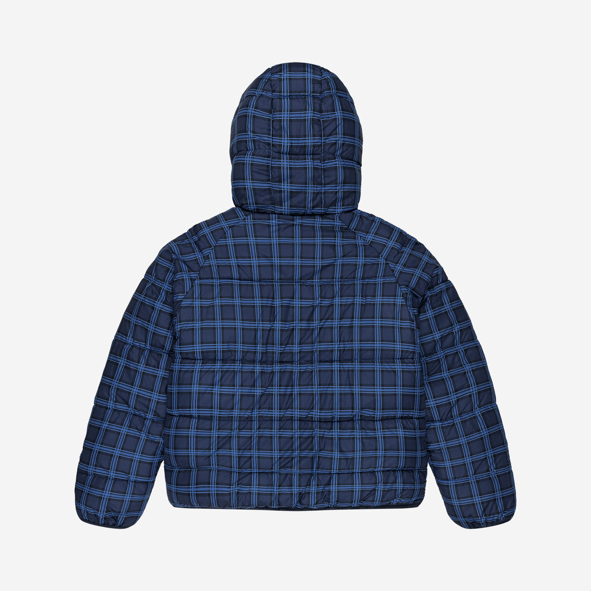 REVERSIBLE PLAID PUFFER BLUE