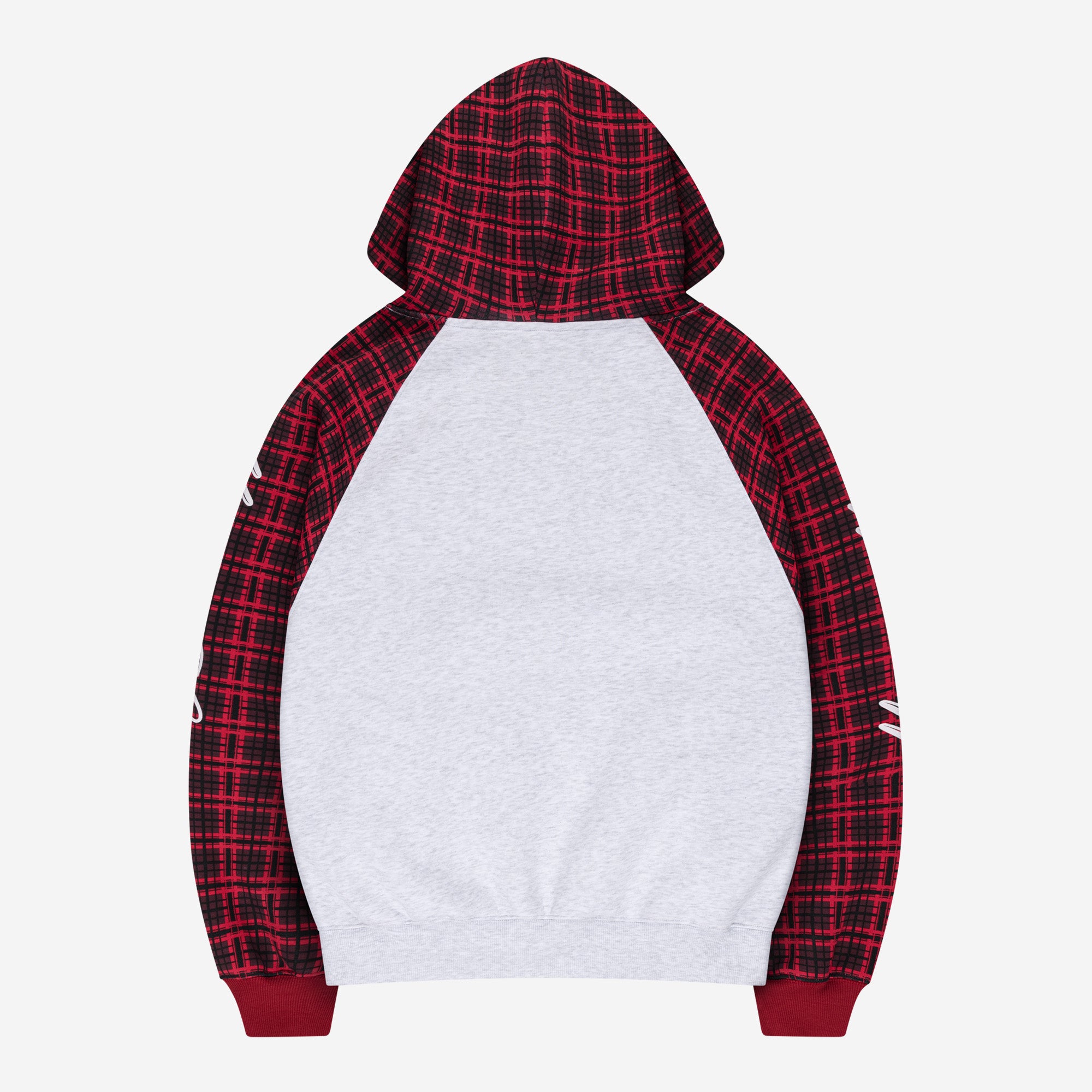 PLAID SCRIPT RAGLAN HOODIE BORDEAUX + PLAID PATCHWORK RAW DENIM
