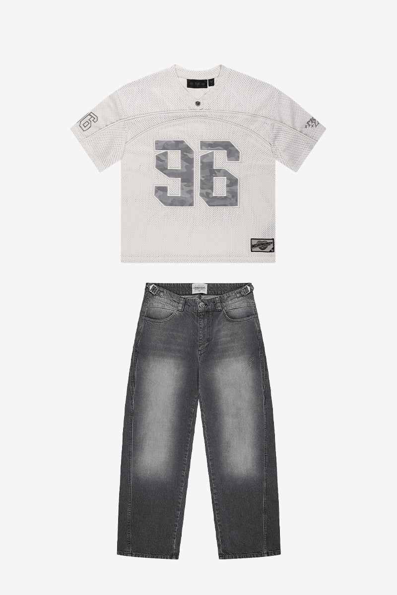 PLUS MESH JERSEY + DISTINCTIVE BAGGY DENIM GREY WASHED