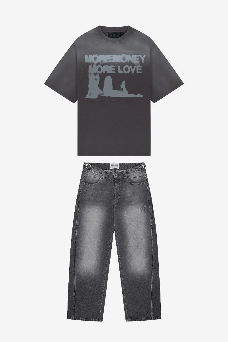 WET DREAM TEE DARK GREY WASHED + DISTINCTIVE BAGGY DENIM GREY WASHED