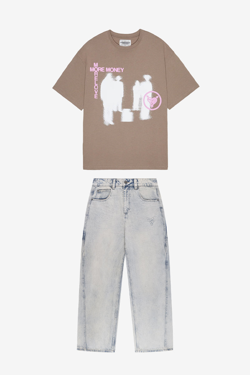 LOST BOND TEE TOFFEE + DISTINCTIVE BAGGY DENIM BLUE