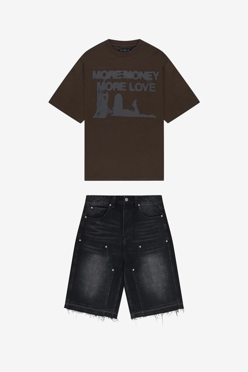 WET DREAM TEE DARK BROWN + RHINESTONE CARPENTER JORTS BLACK
